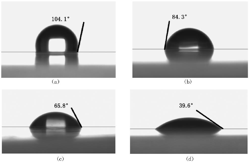 不同等離子體處理時間聚丙烯網(wǎng)表面接觸角水滴圖型