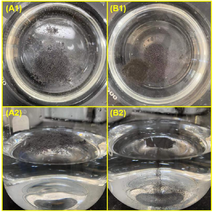 圖 1-3 (A1-2) 原始石墨烯放入水中的照片； (B1-2) 氧等離子處理石墨烯放入水中的照片